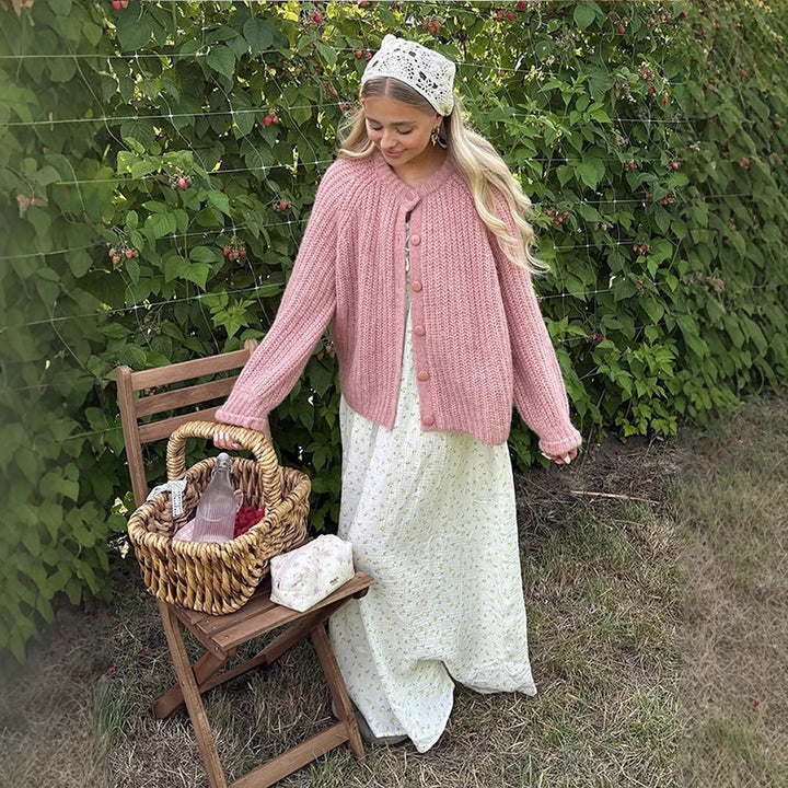 Ladies Chunky Knit Mohair Look Short Jacket with Raglan Sleeves & Decorative Button Placket Amarae