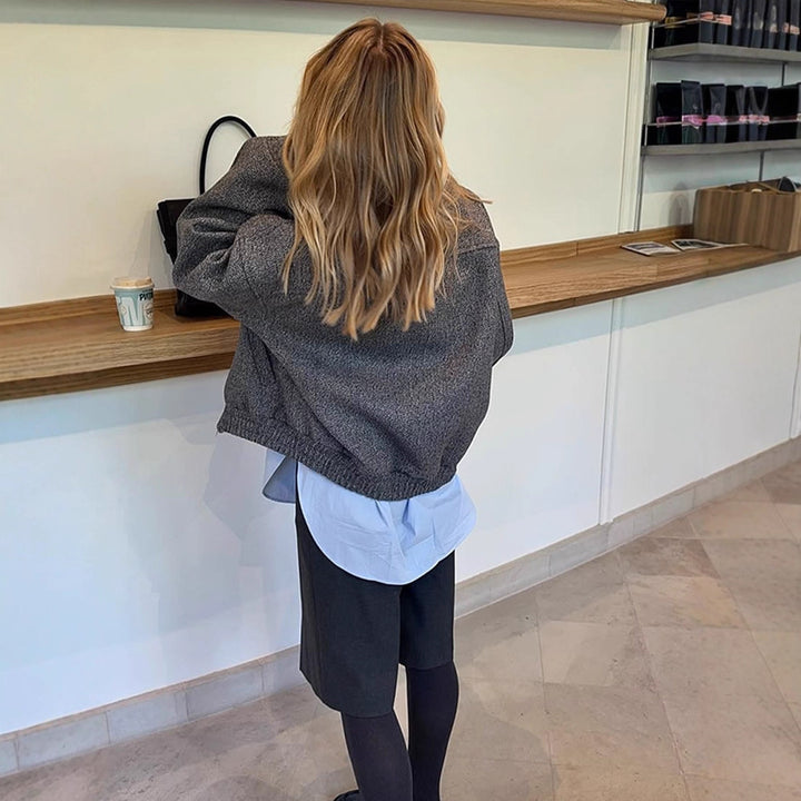 Ladies short jacket in herringbone wool blend with zip and elastic hem Amarae