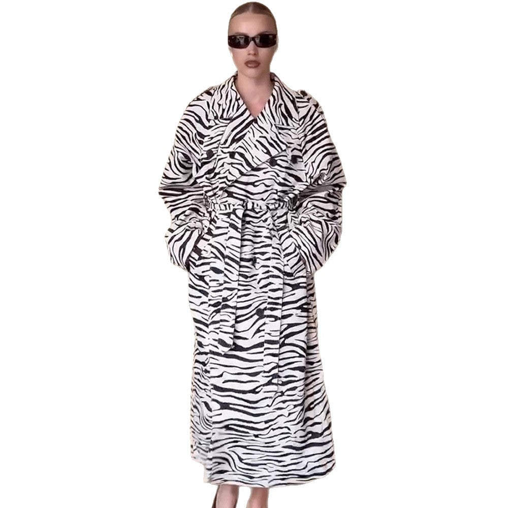 Women's Maxilength Trench Coat in Animal Print with Voluminous Shawl Collar, Tied Belt and Boxy Silhouette Amarae