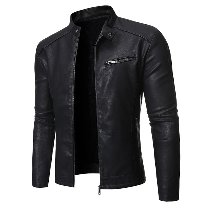 Stylish leather jacket for men with a high collar and practical zippered pockets Lune London