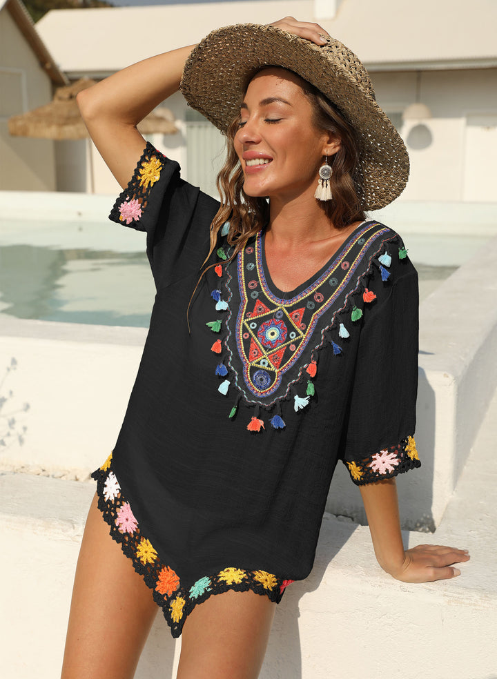 Amarae fringed embroidered beach tunic for women