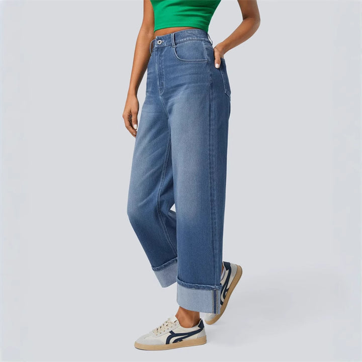 Wide leg denim pants for women with cuffed hem Chic & Stil