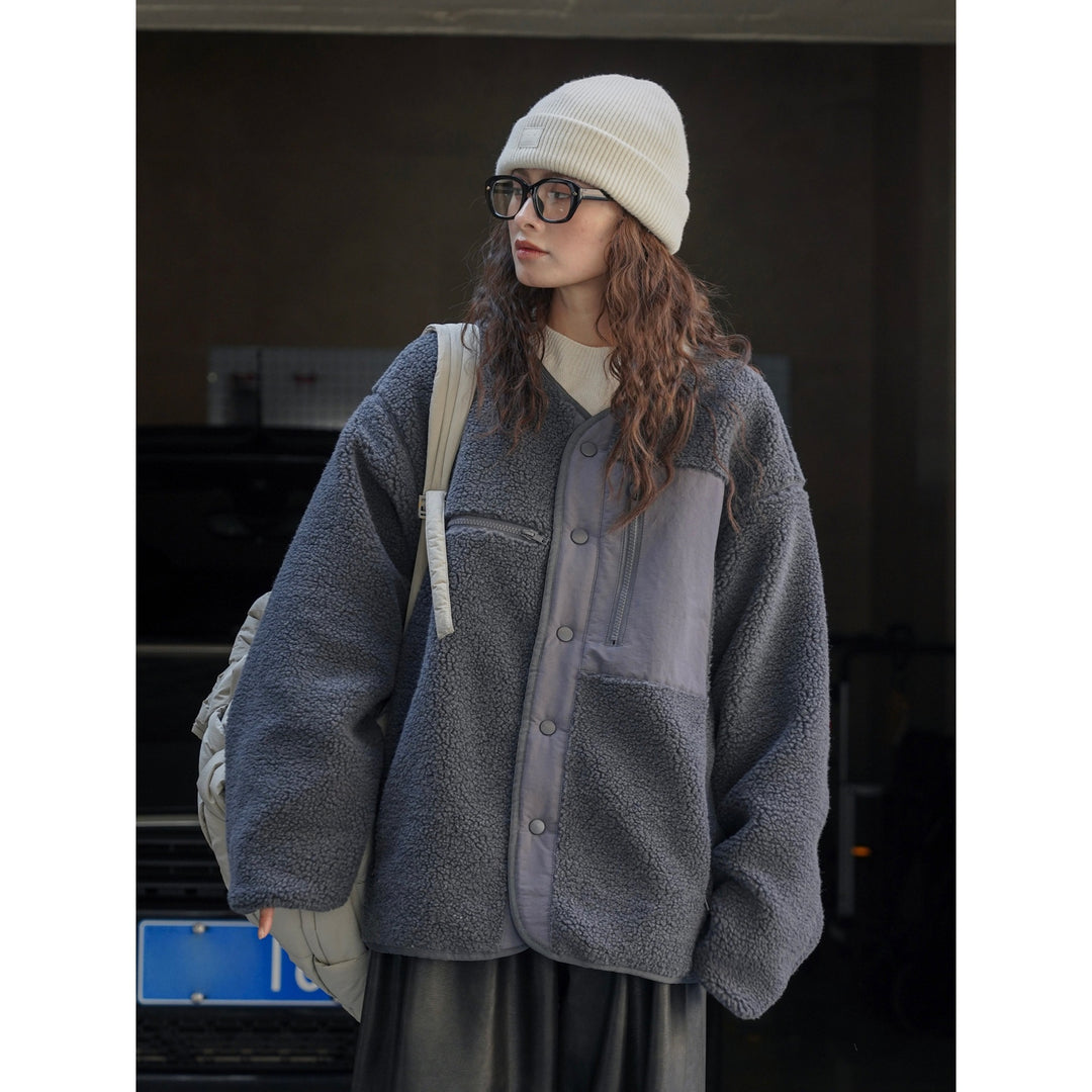 Women's Padded Teddy Fleece Jacket with Contrasting Front Panel and Patch Pockets Amarae