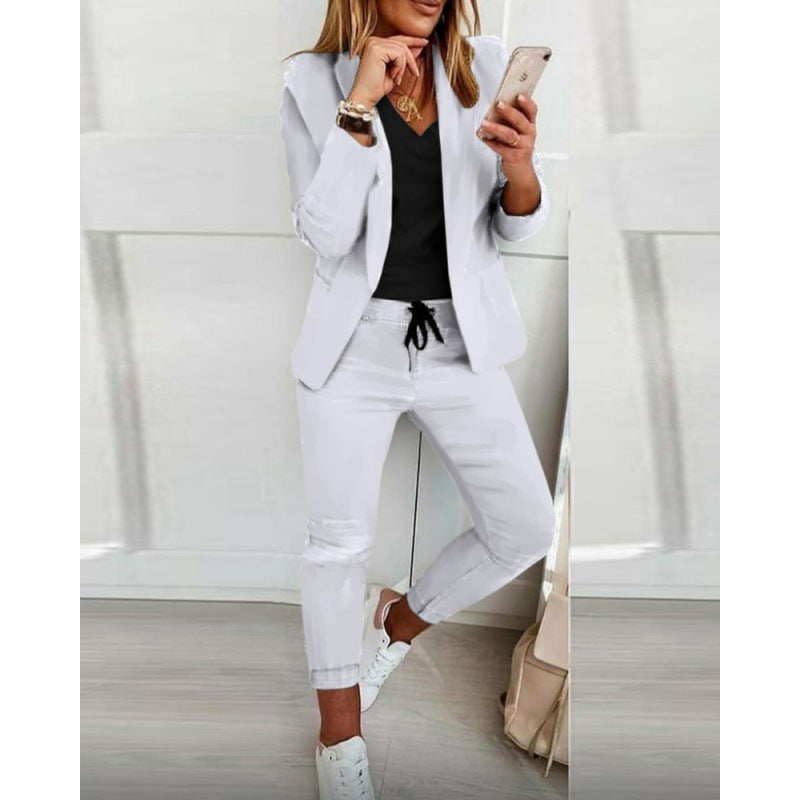 Women's Two-Piece Stretch Jersey Blazer Set with Drawstring Jogging Pants Amarae