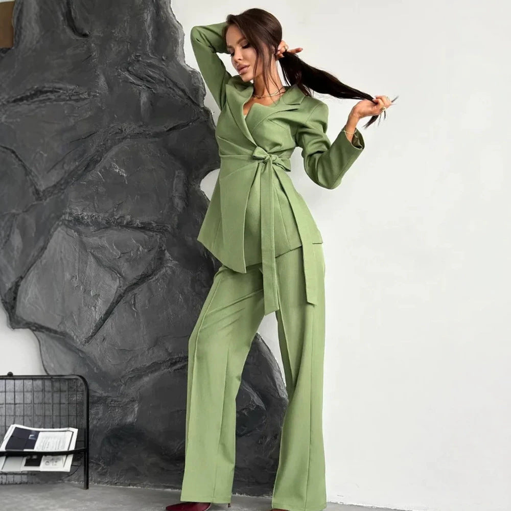 Women Tailored Blazer Coat with Tie Belt and Wide Suit Trousers Amarae