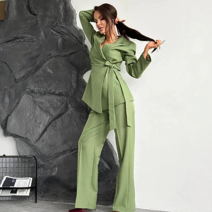 Women Tailored Blazer Coat with Tie Belt and Wide Suit Trousers Amarae
