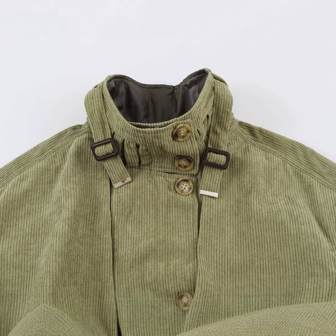 Women's Cord Field Jacket with Waist Belt and Stand-Up Collar Amarae