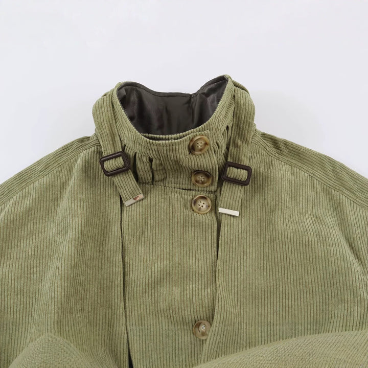 Women's Cord Field Jacket with Waist Belt and Stand-Up Collar Amarae