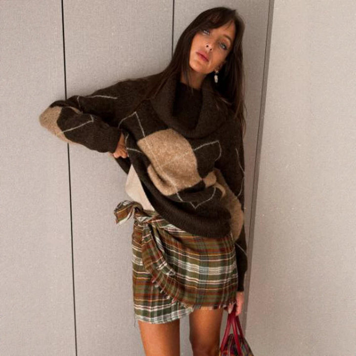 Women Checkered Wrap Mini Skirt with Fringes and High Waist Amarae