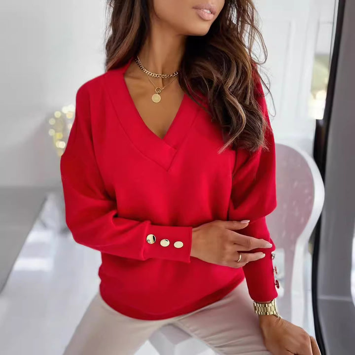 Elegant V-neck sweater for women with stylish button details Lune London