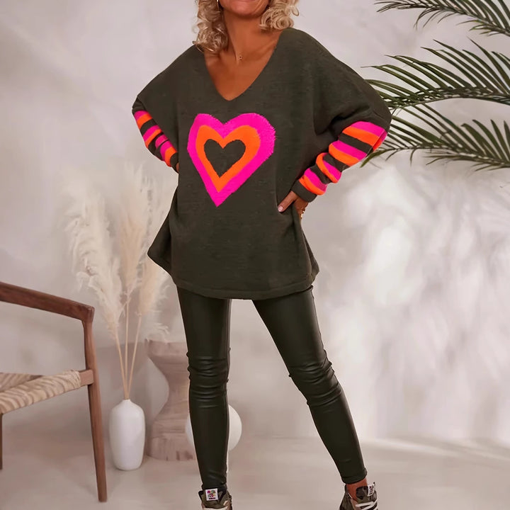 Oversized sweater for women with heart pattern and colorful stripes Lune London