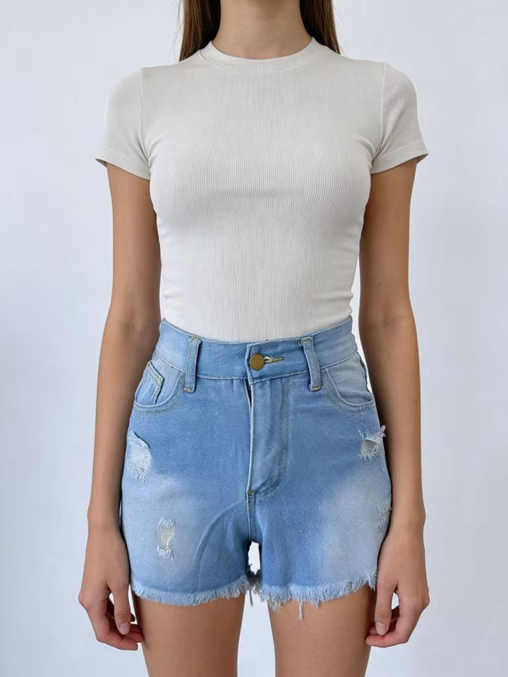Ladies Crop Top and High-Waist Jeans Shorts Lune London