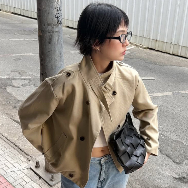 Women’s short jacket in Harrington style with stand-up collar, chin strap, and elastic waistband Amarae
