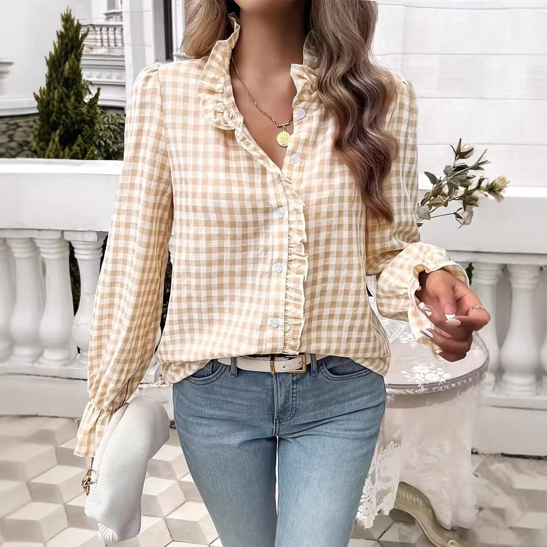 Women checked ruffled blouse with stand-up collar, concealed button placket and bell sleeves Amarae
