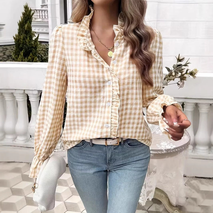 Women checked ruffled blouse with stand-up collar, concealed button placket and bell sleeves Amarae