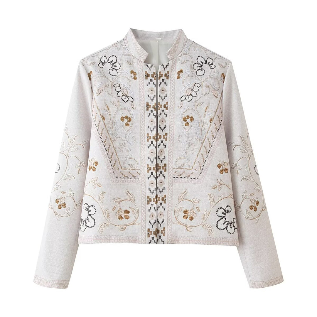 Women embroidered boxy short jacket with stand-up collar and floral embroidery Amarae