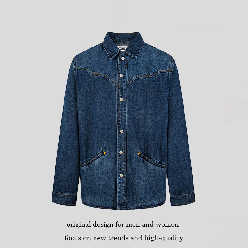 Unisex jeans overshirt with snap buttons, western yoke and plain insert pockets Amarae