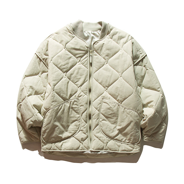 Unisex Lightweight Boxy Puffer Jacket with distinctive diamond quilting, front round pockets, and ribbed collar Amarae