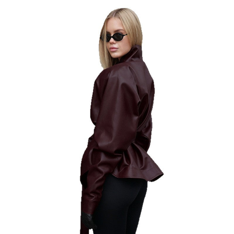 Women's leather look jacket with fitted belt and high stand-up collar Amarae