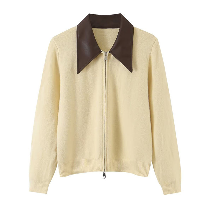 Women Short Wool Blend Cardigan with Zipper and Contrasting Faux Leather Collar Amarae