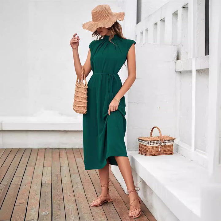 Ladies Elegant Midi Dress with Tied Belt and Classic Collar Lune London