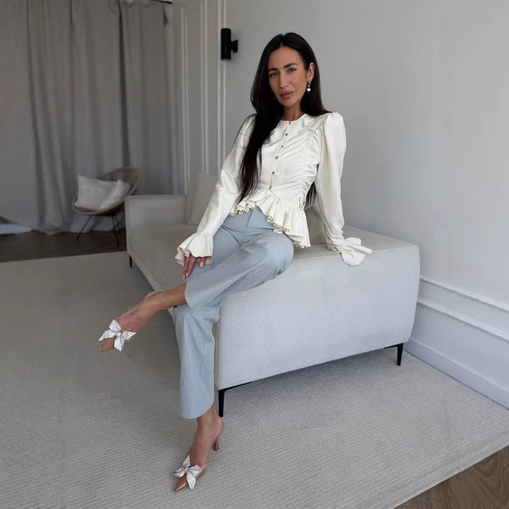 Women's Ruffled Fitted Blouse with Peplum & Puff Sleeves Amarae