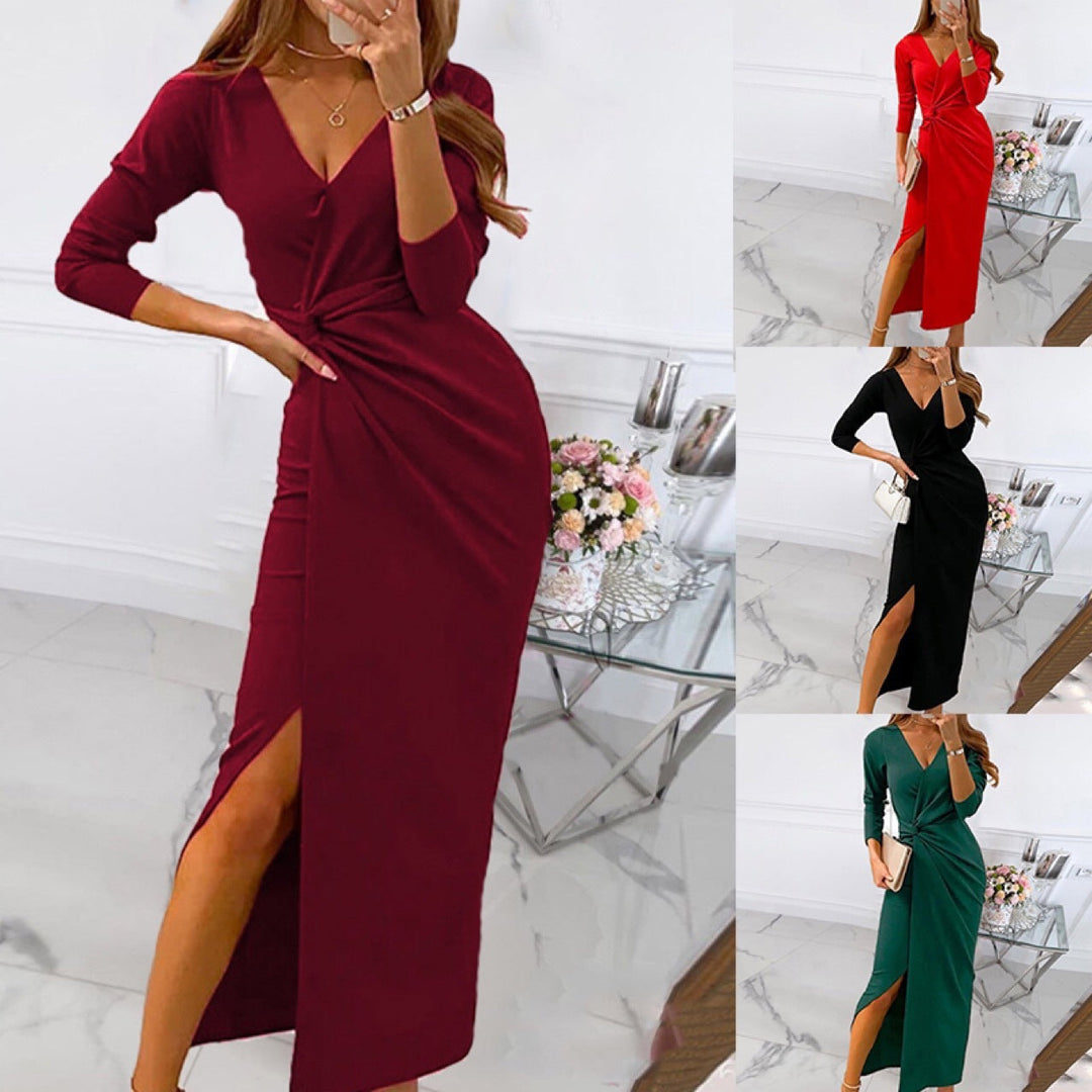 Women's Wrap Maxi Dress with Elegant Slit and Deep V-Neck Lune London