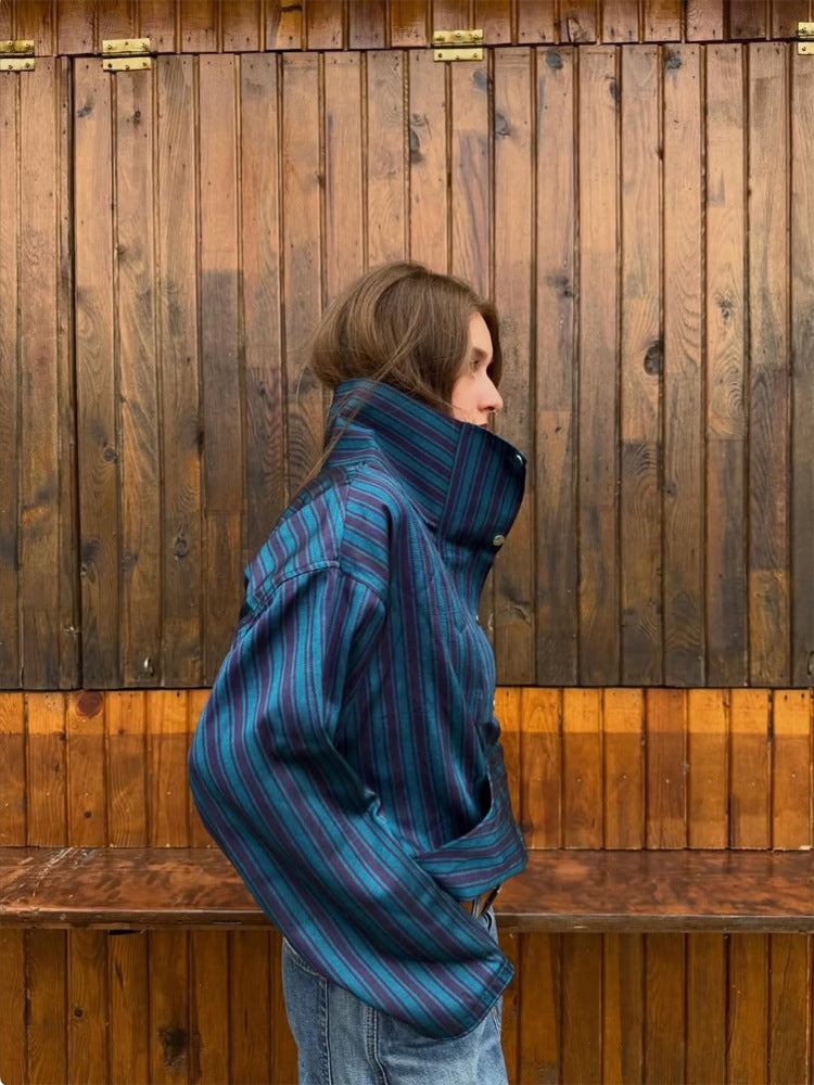 Women Oversized Stripe Sweater with Half Zipper, Stand Collar and Kangaroo Pocket Amarae