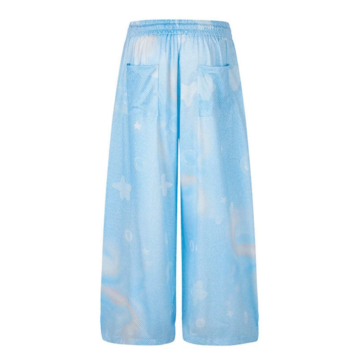 Ladies Wide Mesh Palazzo Lounge Pants with Elastic Comfort Waist and Star Bubble Print