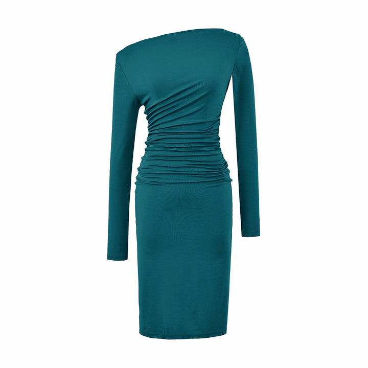 Women's Asymmetric One-Shoulder Midi Dress with Gathering and Long Sleeve Amarae