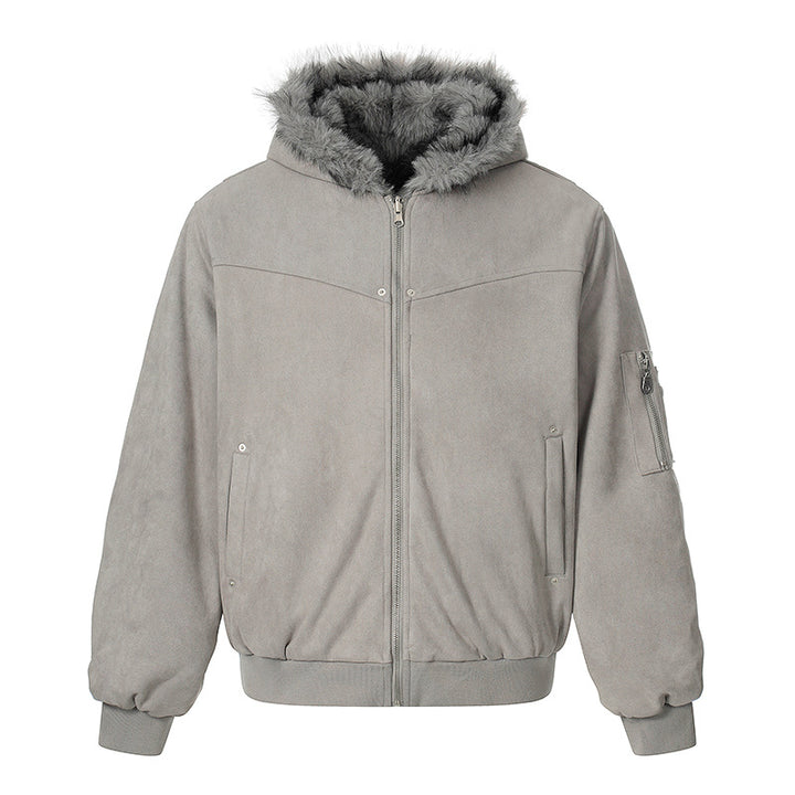 Women Padded Hooded Bomber Jacket with Faux Fur Lining, Velvet Outer Material and Zipper Amarae