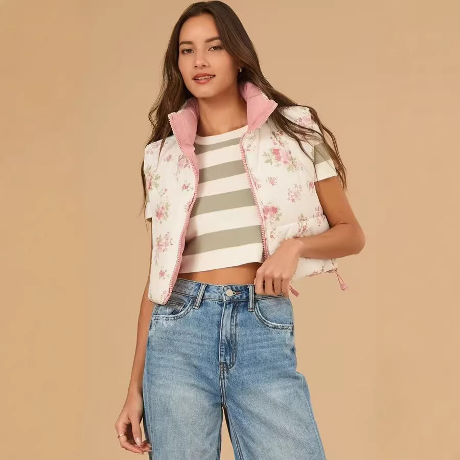 Ladies short quilted vest with floral pattern, stand-up collar and drawstring hem Amarae