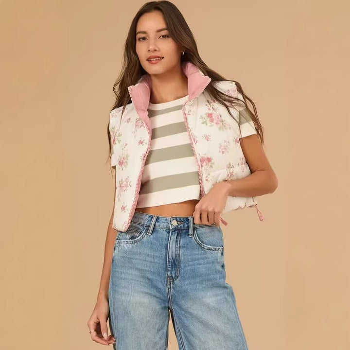 Ladies short quilted vest with floral pattern, stand-up collar and drawstring hem Amarae