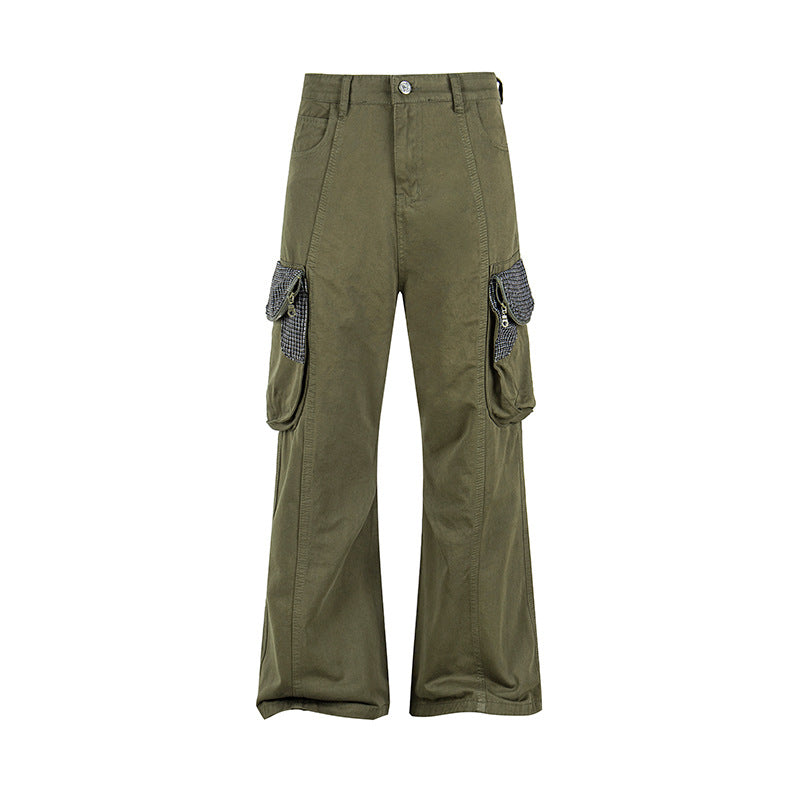 Women Cargo Pants with Wide Leg, Utility Pockets and Plaid Pattern Details Amarae