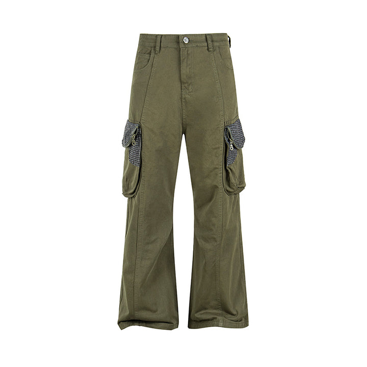 Women Cargo Pants with Wide Leg, Utility Pockets and Plaid Pattern Details Amarae