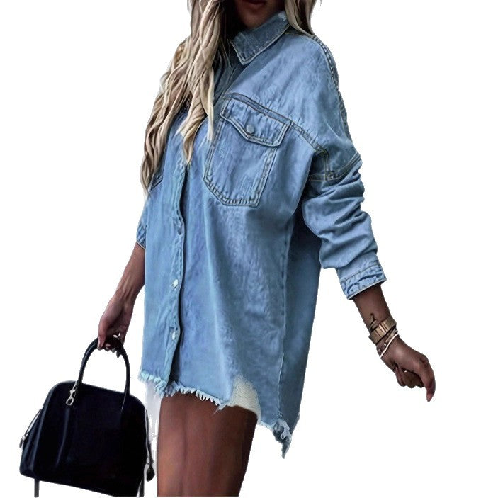 Women's Oversize Denim Shirt Jacket with Fringe Hem, Chest Pockets and Destroyed Detail Amarae