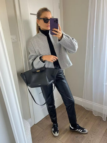 Casual transition jacket for women with high collar and asymmetrical cut Amarae