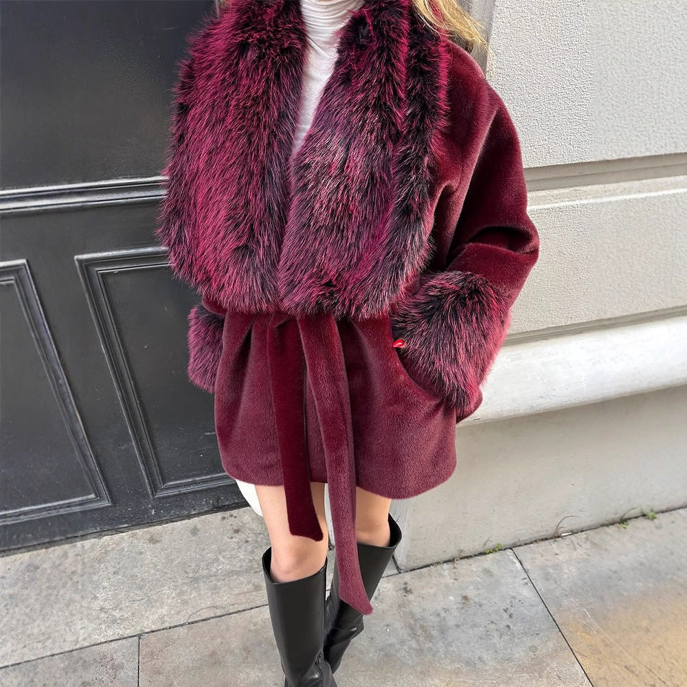 Women's Short Faux Fur Coat with Voluminous Shawl Collar, Waist Belt, and Fur Cuffs Amarae