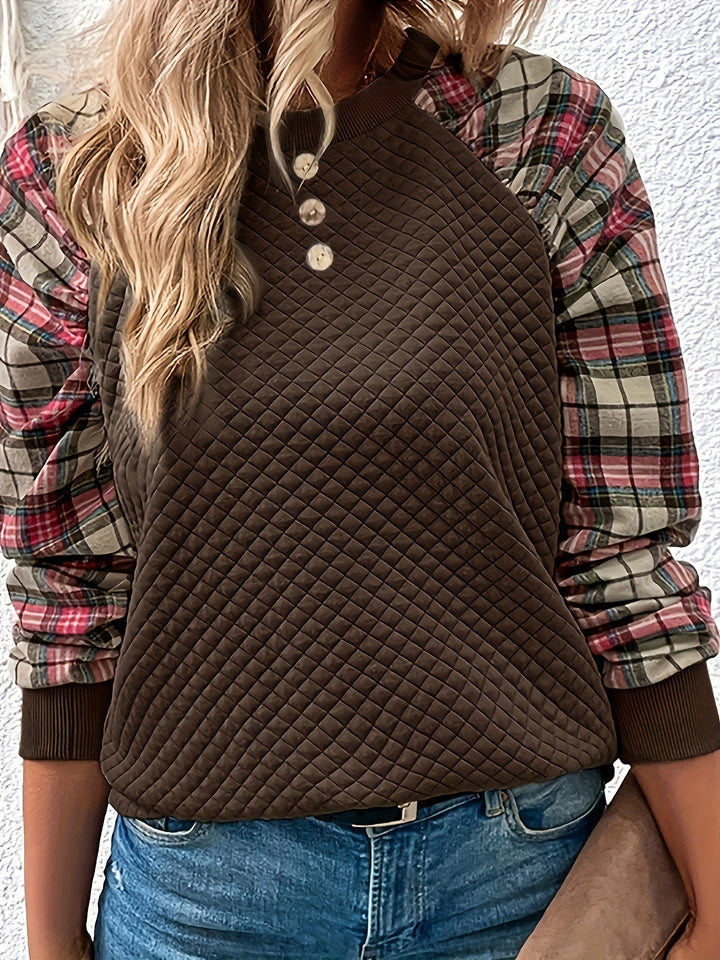 Women's Casual Sweatshirt with Quilted Design and Checkered Sleeves Lune London
