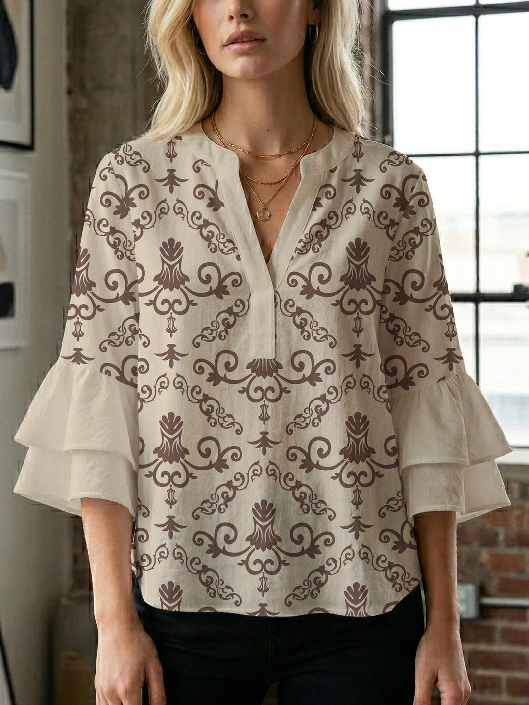 Women's blouse shirt with voluminous sleeves and creative print design Lune London