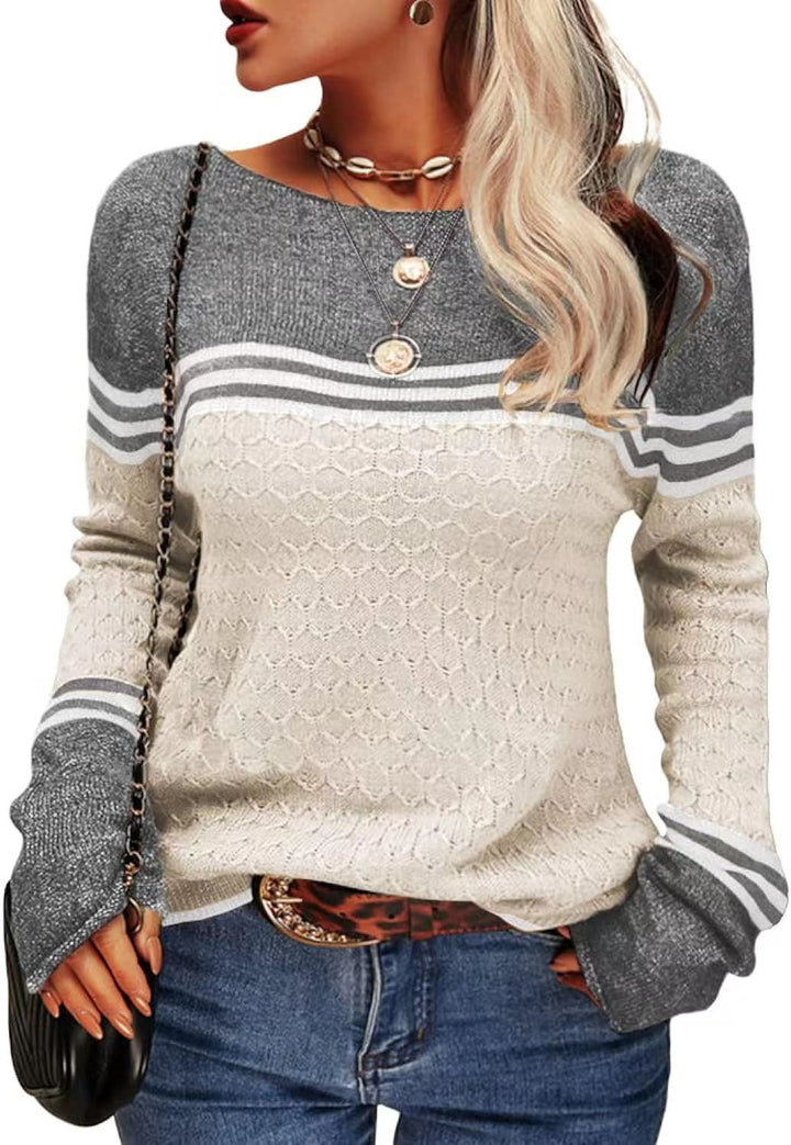 Pull tricoté décontracté pour femmes avec des blocs de couleur contrastants et une texture unique Chic & Stil