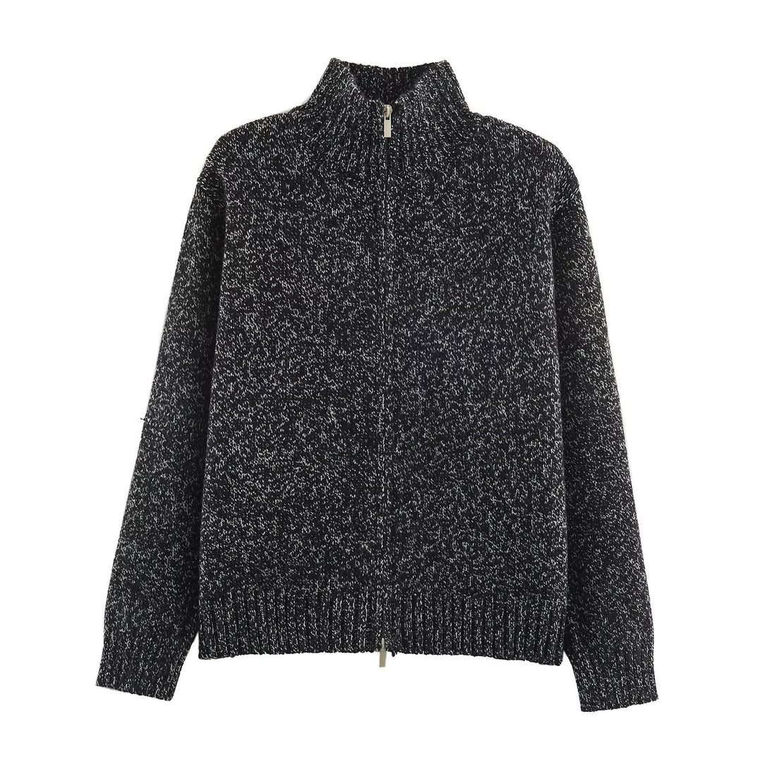Women's Chunky Knit Zip Sweater with Stand-Up Collar and Ribbed Hem Amarae