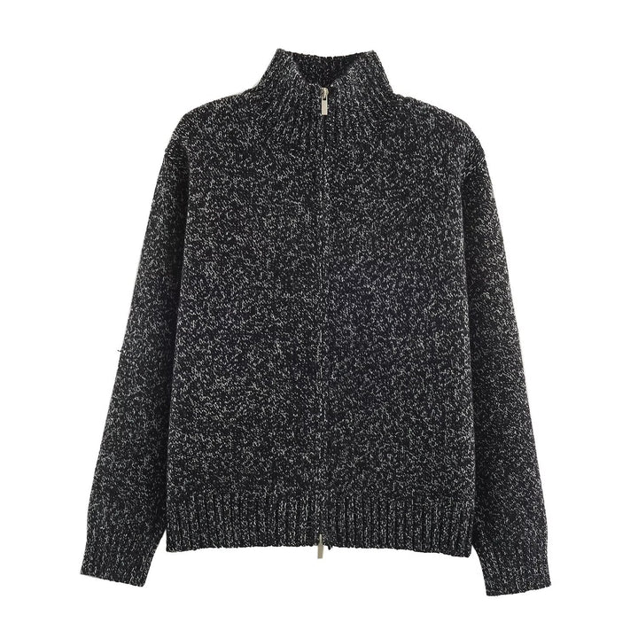 Women's Chunky Knit Zip Sweater with Stand-Up Collar and Ribbed Hem Amarae