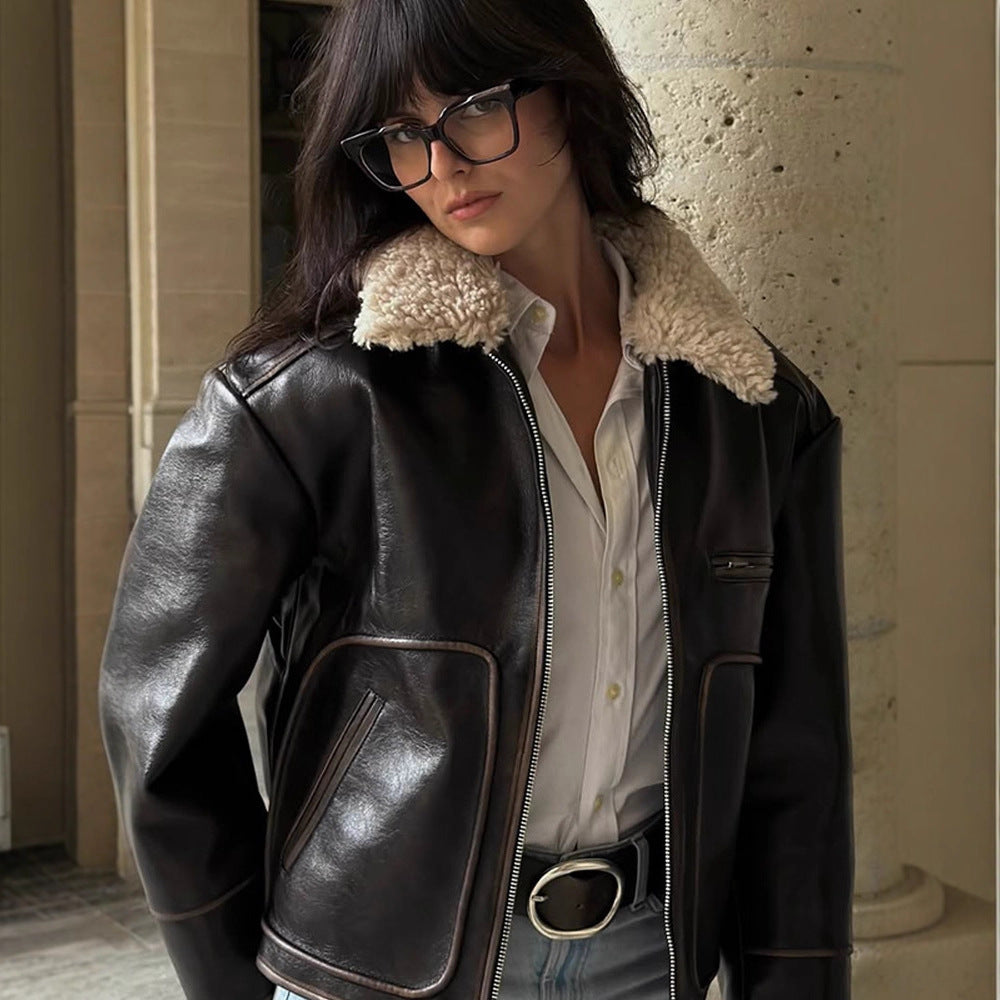 Women Short Cut Leather Imitation Bomber Jacket with Voluminous Teddy Shawl Collar and Distinctive Decorative Seams Amarae