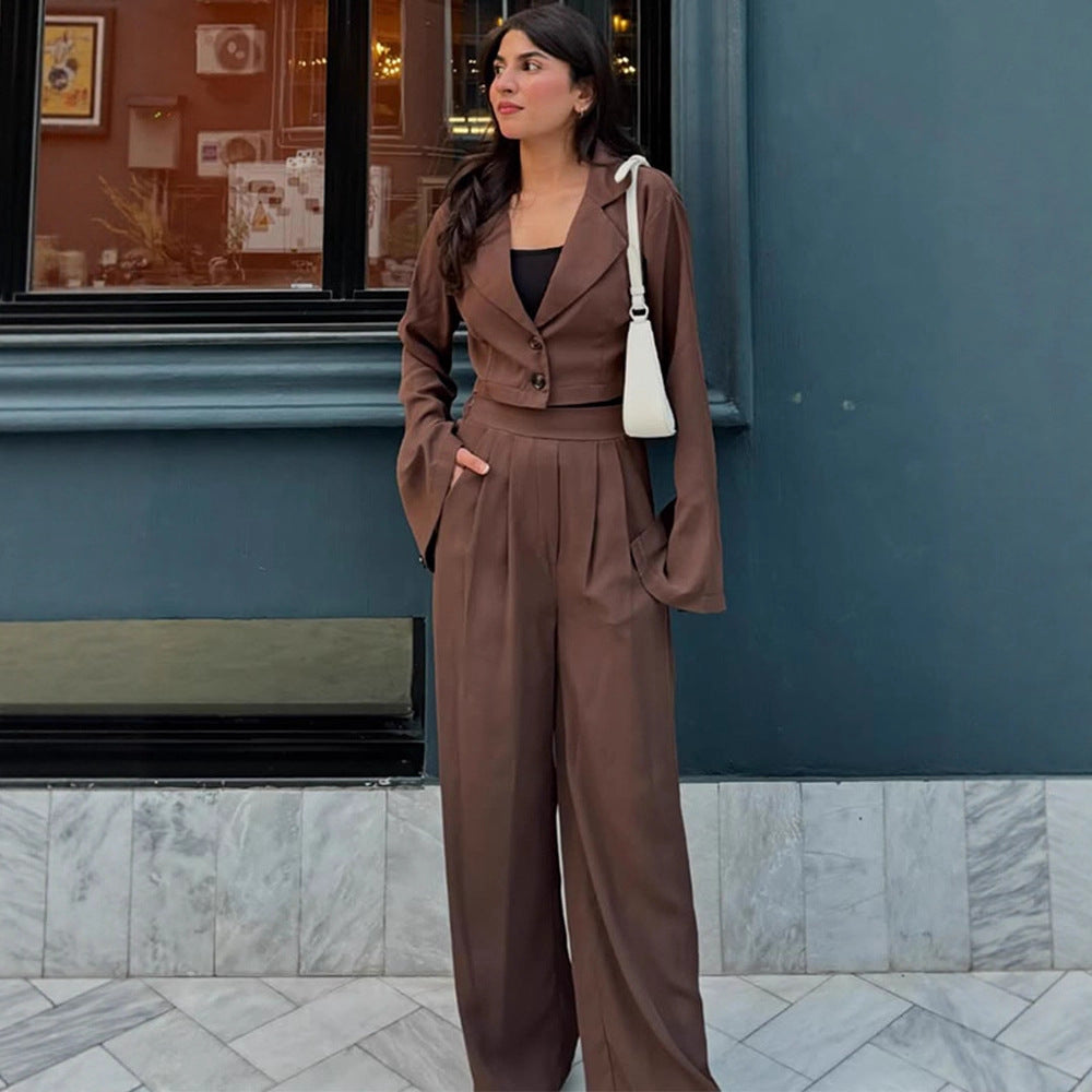 Women Two-Piece Tailoring Set Short Blazer with Bell Sleeves and High-Waist Palazzo Pants Amarae
