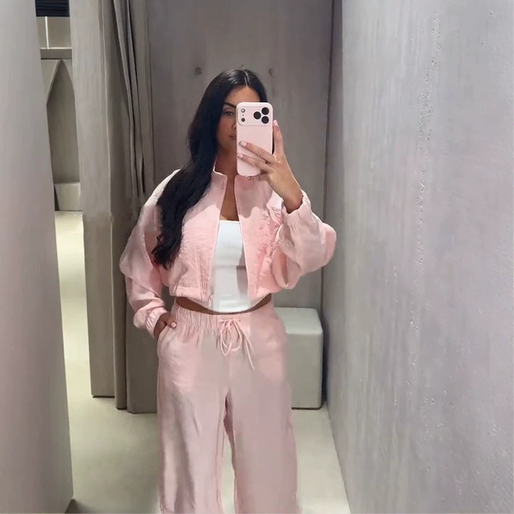 Women’s Casual Satin Tracksuit with Short Zipper Top & Wide Drawstring Pants Amarae