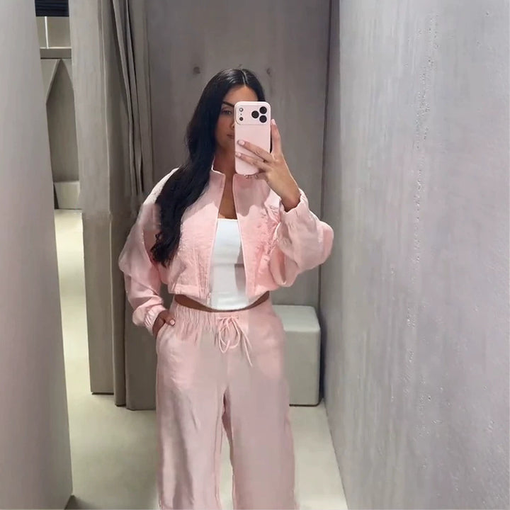 Women’s Casual Satin Tracksuit with Short Zipper Top & Wide Drawstring Pants Amarae