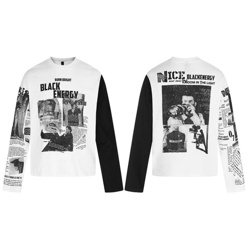 Men's Long Sleeve Shirt with Asymmetrical Contrast Sleeves and Photo Collage Print Amarae