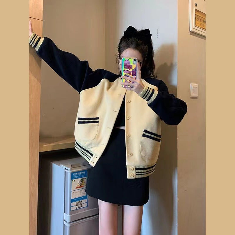 Ladies Varsity Jacket with Button Closure and Side Pockets Chic & Stil