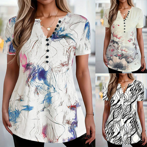 Women’s Short Sleeve Henley Top with Chic Artistic Design and Style